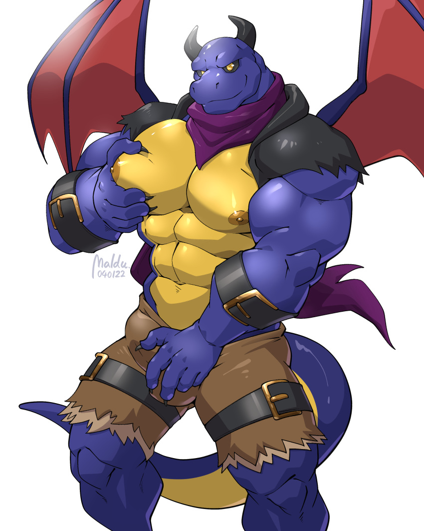 abs absurd_res anthro belt big_pecs black_horn blue_body bottomwear bulge clothed clothing dragon hi_res horn maldu male muscular muscular_anthro muscular_male nipples partially_clothed pec_grasp pecs shorts simple_background solo white_background wings