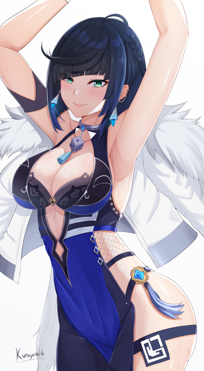 1girl absurdres aqua_eyes armpits arms_up artist_name bangs blue_hair blush braid breasts cleavage closed_mouth commentary earrings fur_trim genshin_impact highres jacket jacket_on_shoulders jewelry kuroyamii large_breasts lips looking_at_viewer shiny shiny_hair shiny_skin short_hair signature simple_background smile solo thighs white_background yelan_(genshin_impact)