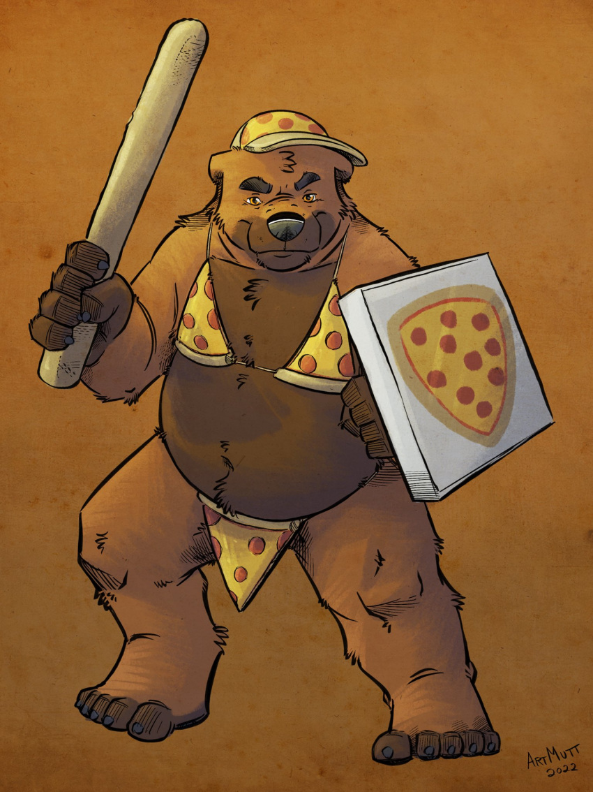 2022 anthro barry_the_pizza_bear belly big_belly black_nose brown_body brown_fur clothing food fur hat headgear headwear hi_res humanoid_hands k-9 male mammal overweight overweight_male pizza pizza_box pizza_slice solo ursid