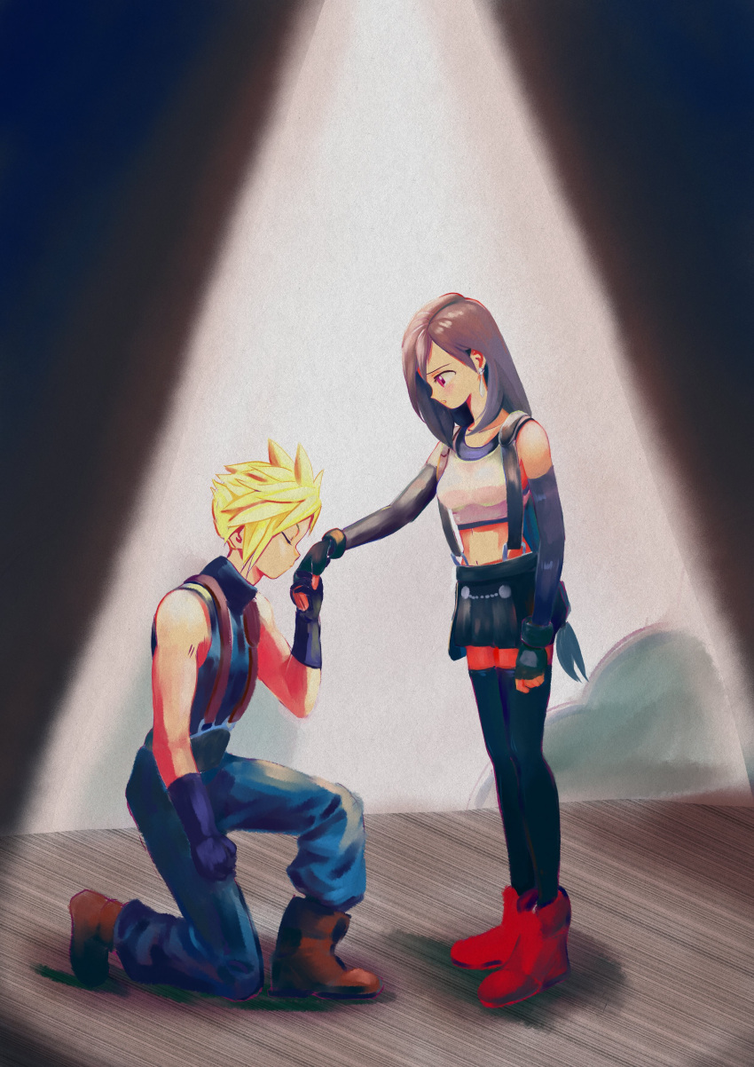 1boy 1girl absurdres bare_shoulders black_gloves black_hair black_legwear black_skirt blonde_hair blush boots cloud_strife detached_sleeves earrings final_fantasy final_fantasy_vii final_fantasy_vii_remake fingerless_gloves gloves highres hugo_artist jewelry kiss kissing_hand kneeling long_hair midriff red_eyes red_footwear skirt spiked_hair stage stage_lights suspender_skirt suspenders tank_top thighhighs tifa_lockhart turtleneck