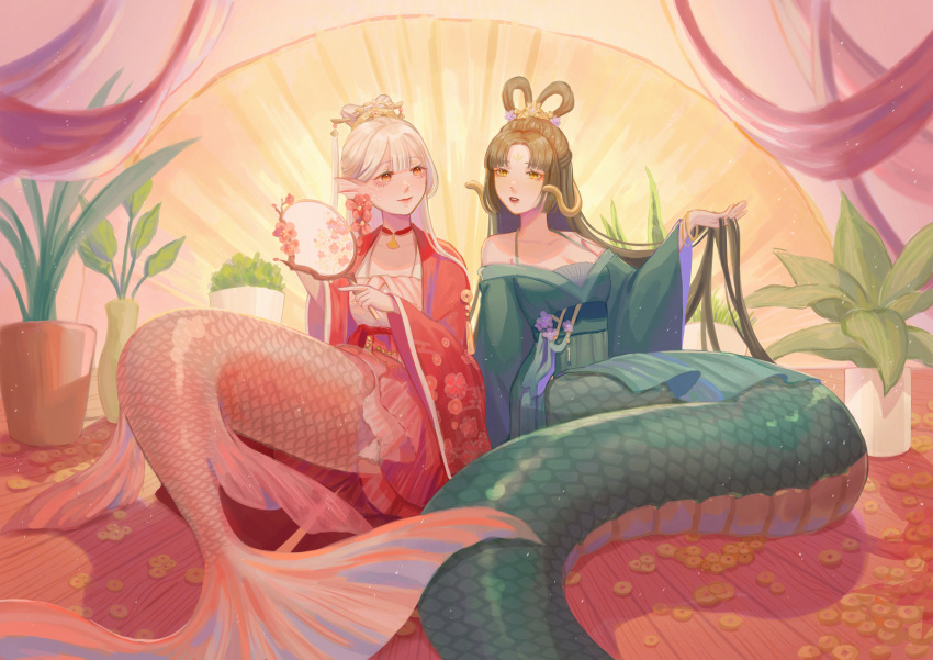 2girls absurdres bangs black_hair breasts brown_eyes cleavage dress eyeshadow flower green_kimono grey_hair hand_fan head_fins highres holding holding_fan jacket japanese_clothes kimono lamia liliantsai0417 makeup medium_breasts mermaid monster_girl multiple_girls off_shoulder original parted_bangs pink_dress plant purple_flower red_eyeshadow red_jacket sitting smile