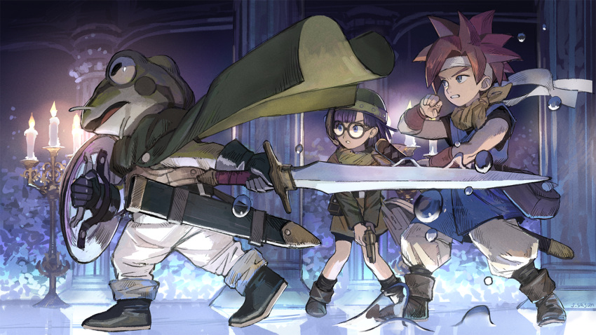 1girl 2boys bandana bare_shoulders black_gloves blue_eyes buckler candlelight candlestand cape chrono_trigger commentary crono_(chrono_trigger) frog_(chrono_trigger) frog_boy full_body glasses gloves green_cape gun hallway hand_up headband holding holding_gun holding_shield holding_sword holding_weapon indoors katana looking_ahead lucca_ashtear multiple_boys open_mouth pillar purple_hair red_hair sasumata_jirou scabbard sheath shield short_hair signature sleeveless spiked_hair standing sword teeth walking weapon white_legwear