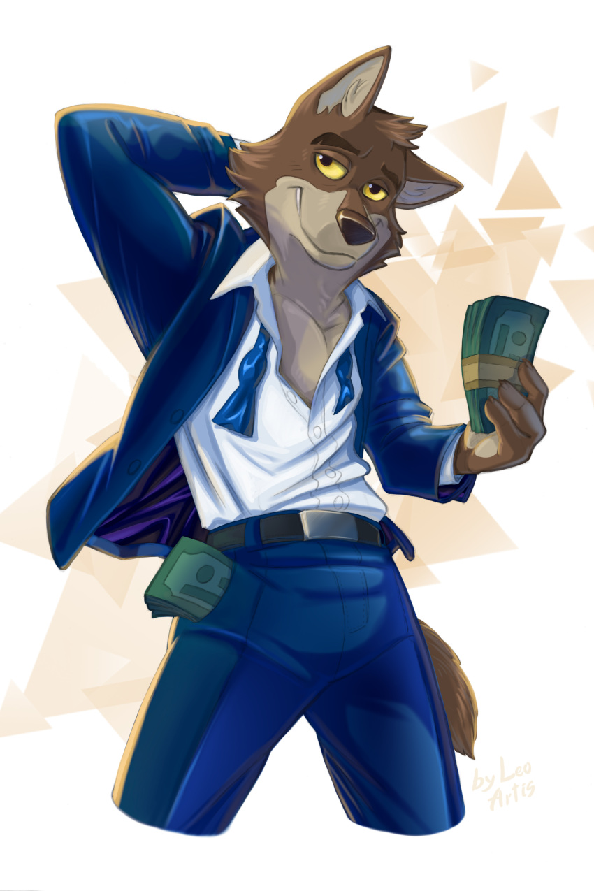 2022 5_fingers absurd_res anthro blue_bottomwear blue_clothing blue_pants blue_suit bottomwear brown_body brown_fur canid canine canis clothing dreamworks fingers fur gradient_background hand_behind_head hi_res leo-artis lidded_eyes male mammal money mr._wolf_(the_bad_guys) pants simple_background smile solo suit the_bad_guys white_background wolf