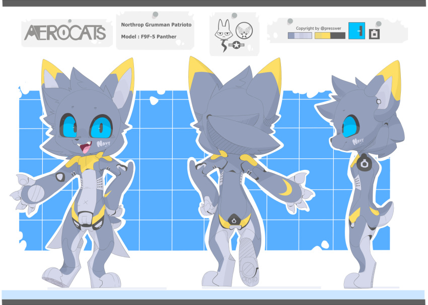 2020 3_toes 4_fingers 7:5 aerocats aircraft alternate_version_at_source ambiguous_gender anthro artist_name black_nose black_pupils black_sclera blue_background blue_eyes claws color_swatch cross_section cute_fangs digital_media_(artwork) domestic_cat english_text feet felid feline felis fingers front_view fur gesture grey_body grey_ears grey_fur grey_tail highlights_(coloring) hybrid joints living_aircraft living_machine living_vehicle logo looking_at_viewer machine mammal metal metallic_body model_sheet multicolored_body multicolored_ears open_mouth patriot_(presto) pattern_background pink_tongue presto_(artist) pupils rear_view short_tail side_view simple_background snout solo text toes tongue two_tone_ears u.s._navy vehicle white_background wings yellow_ears