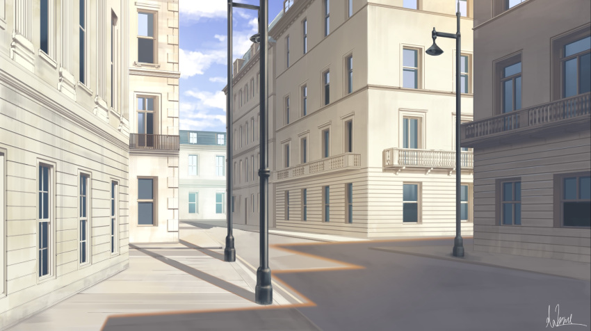 blue_sky building city cityscape cloud commentary_request hakuurei_amano highres lamppost no_humans original outdoors road scenery sky street watermark window