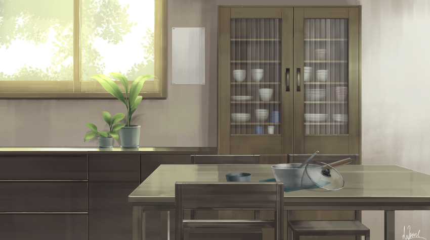 bowl chair commentary_request dining_room flower_pot hakuurei_amano highres indoors no_humans original plant plate scenery shelf table watermark window wooden_chair wooden_table