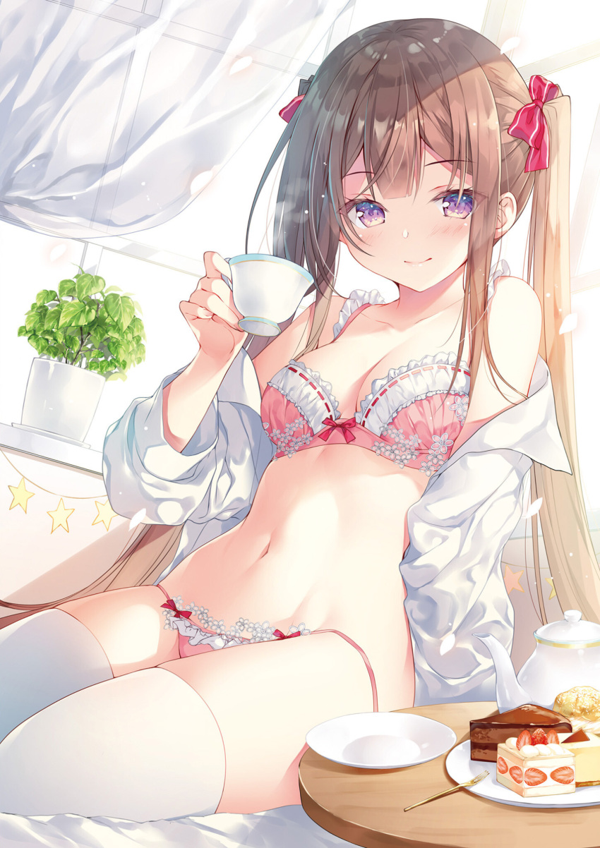 1girl bare_shoulders bow bra breasts brown_hair cake cake_slice cleavage closed_mouth collarbone cup food frilled_bra frilled_panties frills hair_bow highres holding lingerie long_hair long_sleeves looking_at_viewer medium_breasts miwabe_sakura navel off_shoulder open_clothes open_shirt original panties pink_bra pink_panties plate purple_eyes shirt side-tie_panties sitting smile solo stomach string_panties teacup teapot thighhighs thighs twintails underwear untied untied_panties very_long_hair white_legwear white_shirt