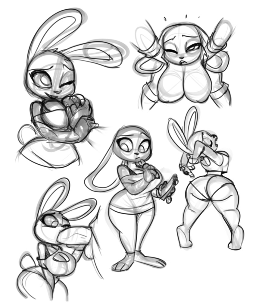 anthro balls big_breasts big_butt bigdad breast_grab breast_play breasts butt carrot_pen disney duo female genitals hand_on_breast hi_res judy_hopps lagomorph leporid male male/female mammal monochrome notebook oral penis rabbit thick_thighs zootopia