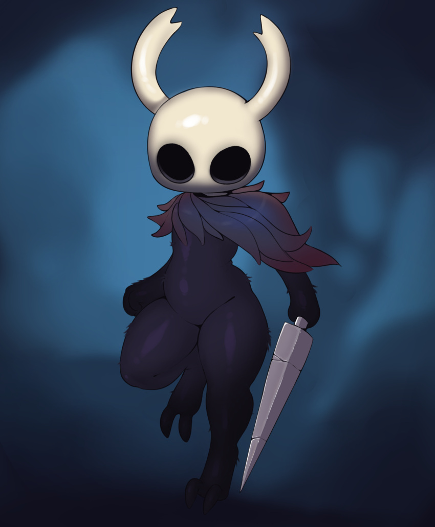 ambiguous_gender black_body hi_res holding_object holding_weapon hollow_knight k1ko melee_weapon protagonist_(hollow_knight) solo team_cherry video_games weapon