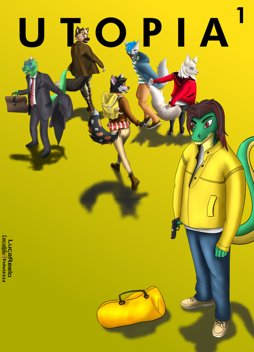 absurd_res anthro canid canine canis clothed clothing coyote digital_media_(artwork) dinosaur dyno fan_character female fierce film_(disambiguation) furry group gun hair handgun hi_res holding_object holding_weapon invalid_tag jacket lizard lucareelo male mammal muscular open_mouth opencommission panicking poster ranged_weapon reptile running scalie series shadow shoftshade simple_background skye_(disambiguation) suit teenager topwear utopia weapon wolf young