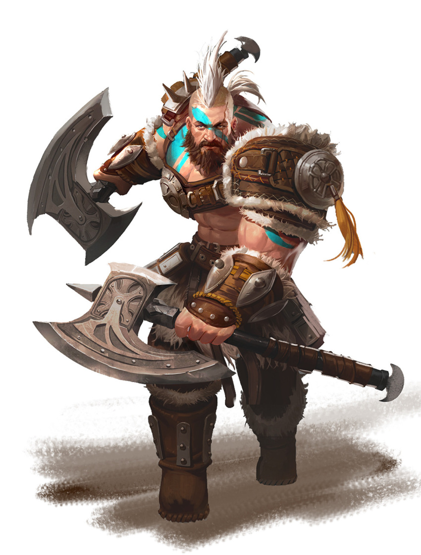 1boy abs arm_tattoo axe bara barbarian beard biceps boots brown_hair chest_belt chest_protector dual_wielding facial_hair facial_tattoo gauntlets highres holding kang_nk large_pectorals leather leather_belt leather_boots looking_at_viewer male_focus manly mature_male mohawk multicolored_hair muscular muscular_male original pants pectorals ponytail scar scar_across_eye shoulder_pads solo spikes tattoo thick_arms warrior weapon white_hair