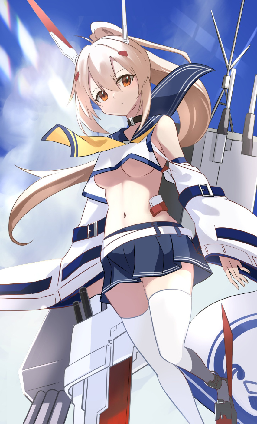 1girl ayanami_(azur_lane) azur_lane bare_shoulders belt blonde_hair blue_skirt blush breasts brown_eyes collar commentary_request crop_top day detached_sleeves expressionless hair_between_eyes headgear highres leg_up long_hair long_sleeves looking_at_viewer manjirou_(manji_illust) medium_breasts midriff miniskirt navel no_bra outdoors pleated_skirt ponytail red_eyes rigging skindentation skirt solo standing standing_on_one_leg thighhighs turret underboob very_long_hair white_belt white_legwear wide_sleeves