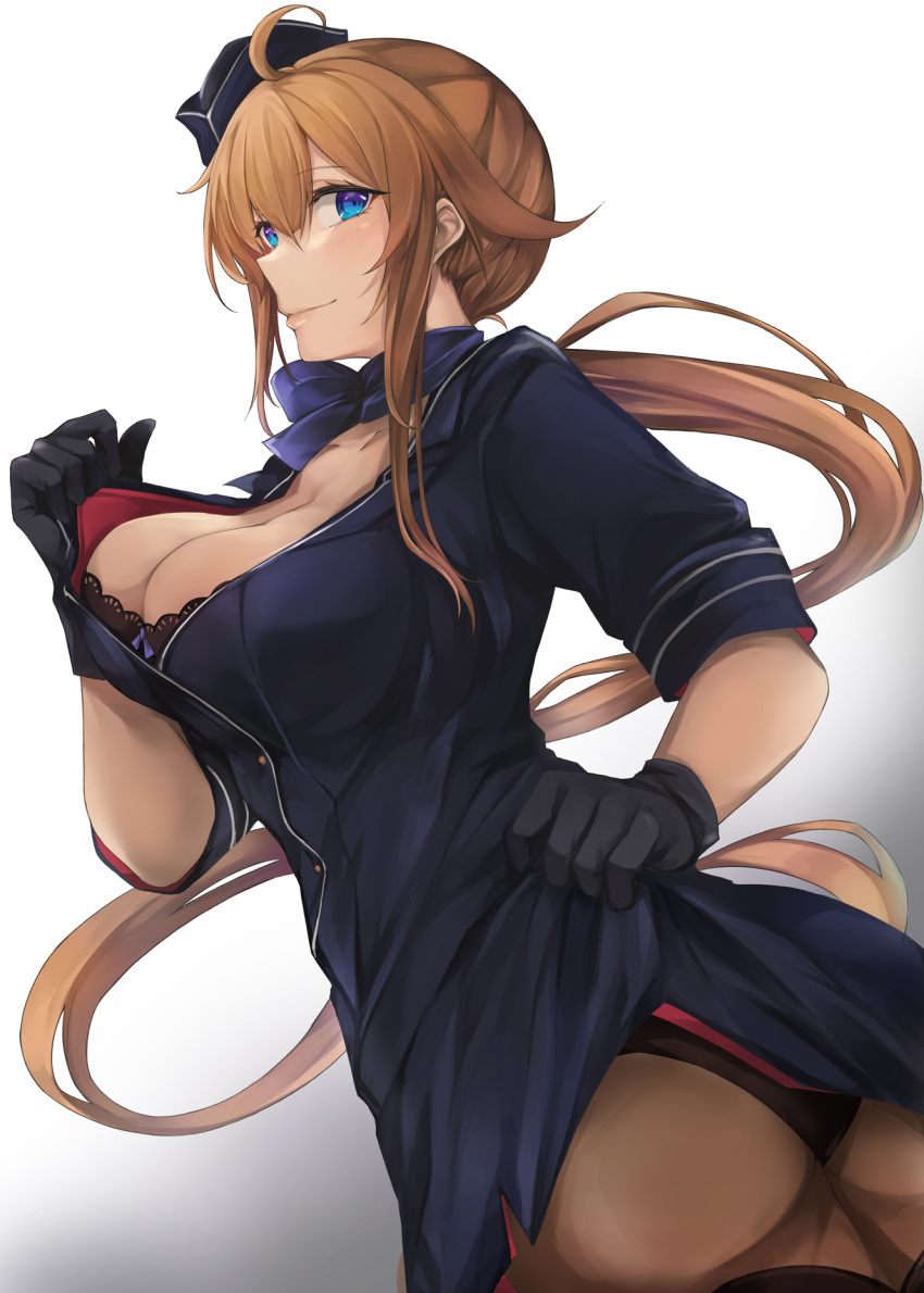 1girl alternate_costume ass bangs black_bra black_gloves black_legwear black_panties blonde_hair blue_dress blue_eyes blue_headwear blue_ribbon blush bra breasts cleavage closed_mouth clothes_lift collarbone commentary commission dress dress_lift eyebrows_visible_through_hair fal_(girls'_frontline) feet_out_of_frame girls'_frontline gloves highres lips long_hair looking_at_viewer looking_to_the_side marche_mk14 medium_breasts neck_ribbon panties panties_under_pantyhose pantyhose ribbon sideboob skeb_commission smile solo standing travel_attendant underwear uniform white_background