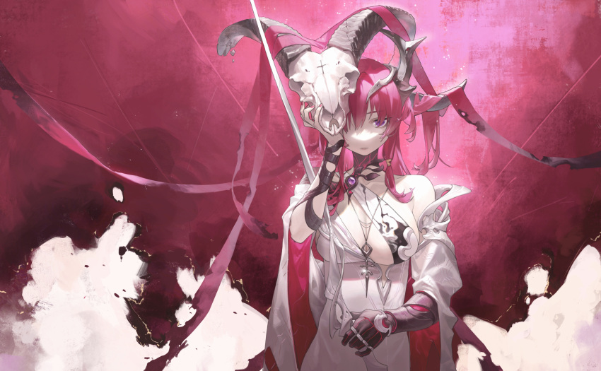 1girl absurdres animal_skull arknights bangs bare_shoulders black_gloves breasts cleavage closed_mouth collarbone commentary dress gloves hair_on_horn hair_over_eyes highres holding holding_skull horns jewelry large_breasts long_hair looking_at_viewer necklace purple_eyes red_background red_hair single_glove skull solo surtr_(arknights) upper_body white_dress wushier