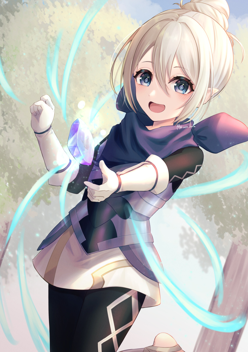 1girl armor black_legwear brooch crystal elbow_gloves elf fire_emblem fire_emblem_fates gloves hair_between_eyes hair_bun highres jewelry kana_(fire_emblem) kana_(fire_emblem)_(female) long_hair looking_at_viewer pauldrons pointy_ears purple_eyes reia_hana shoulder_armor silver_hair skirt smile solo thigh_gap white_gloves white_hair white_skirt