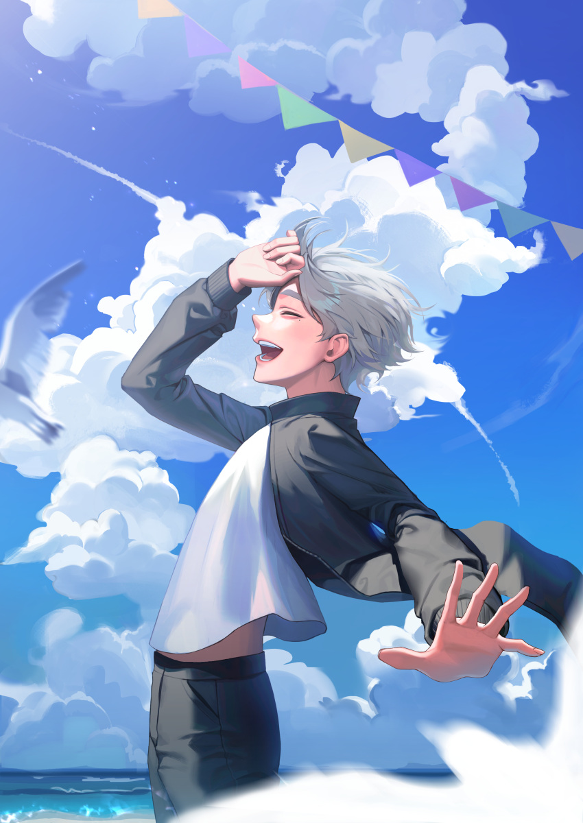 1boy absurdres arm_up bird black_pants blurry clothes_lift cloud commentary_request facing_to_the_side grey_hair haikyuu!! hand_on_own_face hand_on_own_forehead happy highres jacket jacket_lift kkuni male_focus messy_hair motion_blur ocean open_clothes open_jacket open_mouth outdoors outstretched_arm outstretched_hand pants profile seagull shirt shirt_lift short_hair sky smile solo standing sugawara_koushi teeth white_shirt wind wind_lift