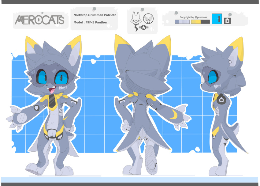 2020 3_toes 4_fingers 7:5 aerocats aircraft alternate_version_at_source ambiguous_gender anthro artist_name black_nose black_pupils black_sclera blue_background blue_eyes claws color_swatch cross_section cute_fangs digital_media_(artwork) domestic_cat english_text feet felid feline felis fingers front_view fur gesture grey_body grey_ears grey_fur grey_tail headgear highlights_(coloring) hybrid joints living_aircraft living_machine living_vehicle logo looking_at_viewer machine mammal metal metallic_body model_sheet multicolored_body multicolored_ears on_one_leg open_mouth patriot_(presto) pattern_background pink_tongue presto_(artist) pupils rear_view screen short_tail side_view simple_background snout solo standing text toes tongue two_tone_ears u.s._navy vehicle visor white_background wings yellow_ears