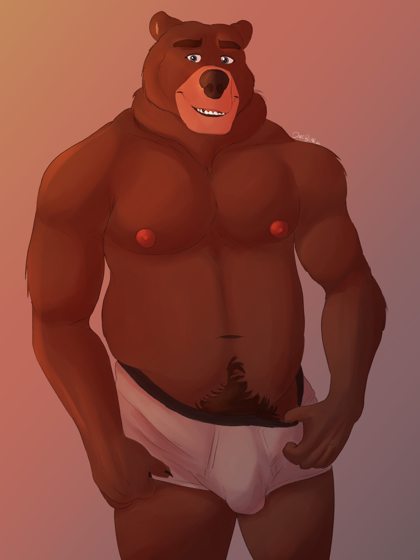 2022 absurd_res anthro blue_eyes body_hair brown_body brown_fur bulge clothing darebearart digital_drawing_(artwork) digital_media_(artwork) fur hi_res male mammal musclegut muscular muscular_male nipples pubes signature solo teasing underwear ursid