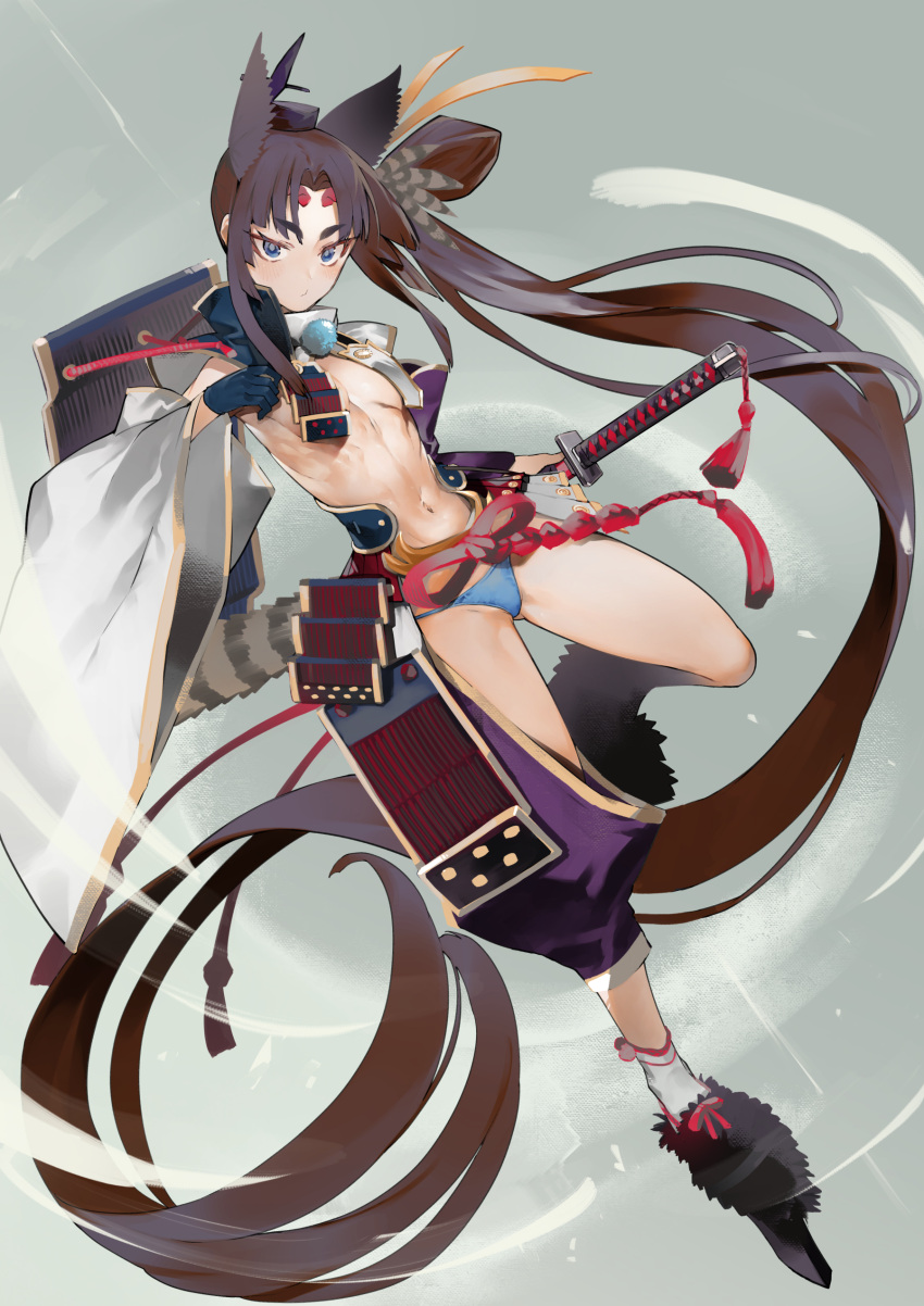 1girl absurdres armor asymmetrical_sleeves black_gloves blue_eyes blue_panties blush breast_curtains breasts brown_hair closed_mouth fate/grand_order fate_(series) full_body gloves highres holding holding_sword holding_weapon japanese_armor katana kusazuri leg_up long_hair nishiide_kengorou panties revealing_clothes single_glove small_breasts solo sword toned underwear ushiwakamaru_(fate) very_long_hair weapon wide_sleeves