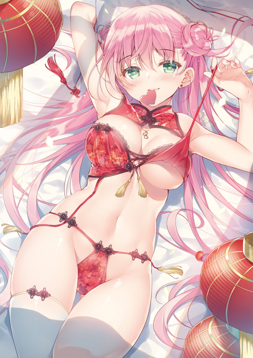 1girl armpits arms_up bare_arms bare_shoulders bed_sheet bra breasts cleavage double_bun garter_straps green_eyes hair_bun heart heart-shaped_pupils highres lantern large_breasts lingerie long_hair looking_at_viewer lying miwabe_sakura mouth_hold navel on_back on_bed original panties paper_lantern pink_hair red_bra red_panties single_thighhigh skindentation smile solo stomach strap_pull string_panties symbol-shaped_pupils tassel thigh_gap thighhighs thighs underwear underwear_only very_long_hair white_legwear