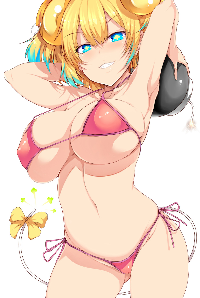 +_+ 1girl absurdres aqua_hair armpits arms_behind_head arms_up bangs bikini blonde_hair blue_eyes bomb bombergirl bow breasts commentary cowboy_shot eyebrows_visible_through_hair grin half-closed_eyes halterneck highres large_breasts mouse_tail multicolored_hair navel pine_(bombergirl) red_bikini short_hair side-tie_bikini simple_background skindentation smile solo streaked_hair string_bikini swimsuit tail tail_bow tail_ornament tsukasawa_takamatsu white_background yellow_bow