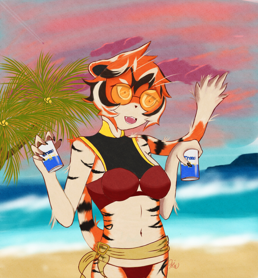 absurd_res alcohol anthro arknights beach beer beverage bikini clothing dei_mars felid female hi_res hypergryph mammal palm_tree pantherine pinup plant pose seaside solo studio_montagne summer sunset swimwear tiger tree video_games waaifu_(arknights) waifu