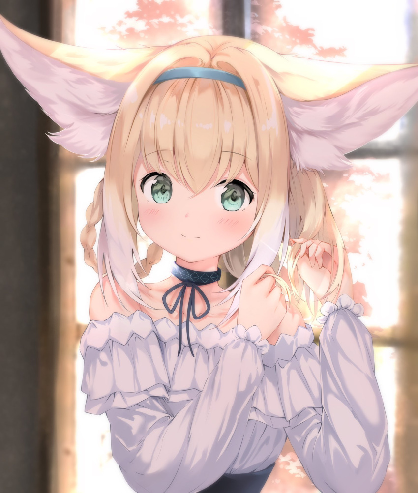 1girl animal_ear_fluff animal_ears arknights bangs bare_shoulders black_collar blonde_hair blue_hairband blush braid closed_mouth collar collarbone commentary emimeku eyebrows_visible_through_hair fox_ears green_eyes hair_between_eyes hair_rings hairband hands_up highres long_sleeves multicolored_hair off-shoulder_shirt off_shoulder puffy_long_sleeves puffy_sleeves shirt smile suzuran_(arknights) two-tone_hair upper_body white_hair white_shirt window