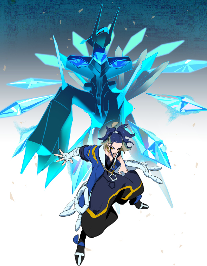 1boy absurdres adaman_(pokemon) bandaged_arm bandages bangs blue_coat blue_hair brown_eyes brown_hair coat dialga dialga_(origin) earrings eyebrow_cut green_hair highres jewelry multicolored_hair neck_ring pokemon pokemon_(game) pokemon_legends:_arceus red_eyes shirt take_bayashi_3d