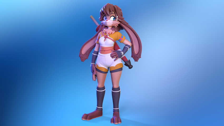 16:9 accessory animal_humanoid anthro bottomwear clothed clothing disney duo female gloves hair_accessory hairclip handwear hi_res humanoid lagomorph lagomorph_humanoid lemurfeature lepi leporid leporid_humanoid long_ears lop_(star_wars_visions) mammal mammal_humanoid rabbit rabbit_humanoid short_sleeves shorts simple_background star_wars star_wars_visions umbrella widescreen