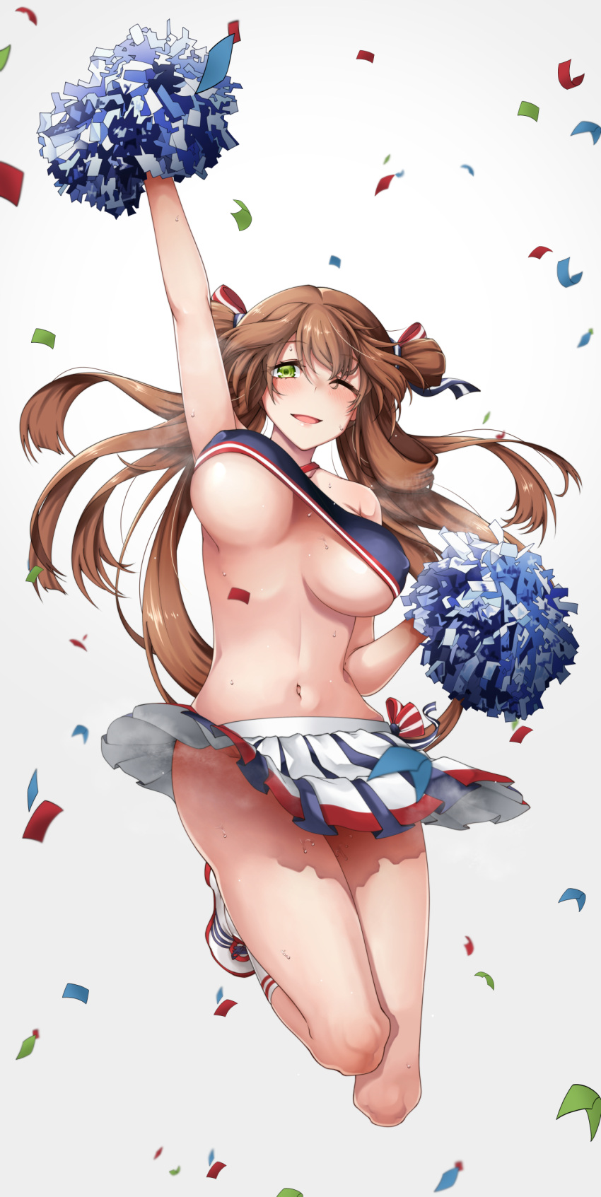 1girl absurdres blush bouncing_breasts breasts cheerleader clothes_lift confetti covered_nipples full_body girls'_frontline green_eyes hair_tie highres jumping large_breasts long_hair looking_at_viewer midair multicolored_clothes multicolored_skirt nakiusagi no_bra no_panties one_eye_closed open_mouth pom_pom_(cheerleading) shoes simple_background skirt skirt_lift solo springfield_(girls'_frontline) sweat underbust white_background