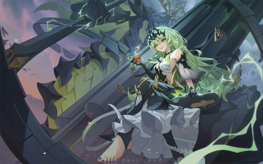 1girl apple bare_shoulders barefoot chinese_commentary commentary_request cross daxieshen_huashi feet food foot_focus from_below fruit grey_hair holding holding_food holding_fruit honkai_(series) honkai_impact_3rd long_hair mobius_(honkai_impact) nail_polish slit_pupils soles tagme toenail_polish toenails toes tongue tongue_out yellow_eyes