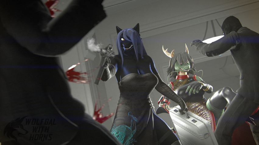 3d_(artwork) absurd_res akiko_(akikosfm) akikosfm anthro asian_mythology bad_guys blood blue_hair bodily_fluids canid canine canis casino clothed clothing dark_body dark_fur dark_skin digital_media_(artwork) dragon dress duo east_asian_mythology eastern_dragon female female/female fur green_body group hair hi_res human humanoid kick kicking_balls lexas_(ludexus) long_hair ludexus male male/male mammal mission muscular muscular_anthro muscular_female mythology package short_hair source_filmmaker tattoo weapon wolf yellow_eyes