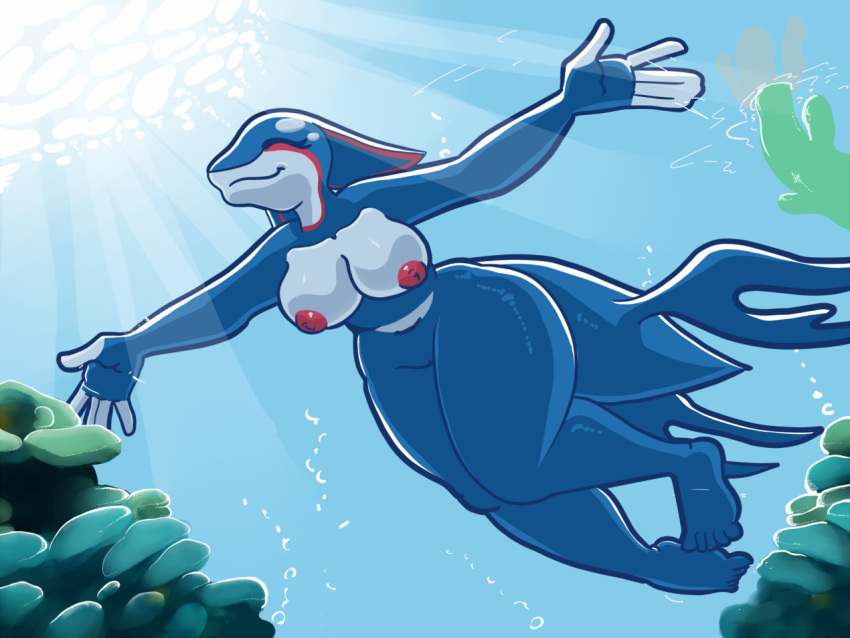 anthro anthrofied areola big_breasts breasts cetacean digital_media_(artwork) eyes_closed female fingers humanoid inverted_nipples kiss_the_carrot kyogre legendary_pok&eacute;mon mammal marine nintendo nipples not_furry nude pok&eacute;mon pok&eacute;mon_(species) shaded smile solo swimming thick_thighs video_games