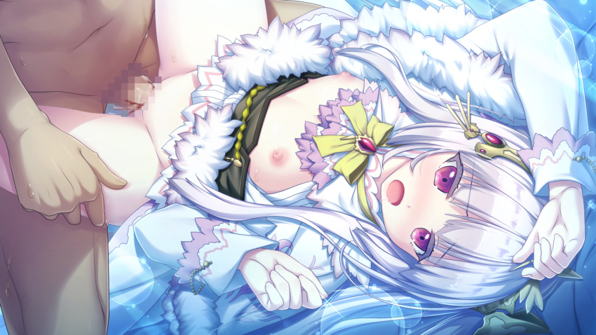 1girl bangs bed blood blush censored dress dress_lift eushully flat_chest fuukan_no_grasesta game_cg hair_ornament leg_grab lilica_rcitine long_hair missionary nipples open_clothes open_dress open_mouth penis petite pussy pussy_juice red_eyes sex sweat vaginal virgin white_hair