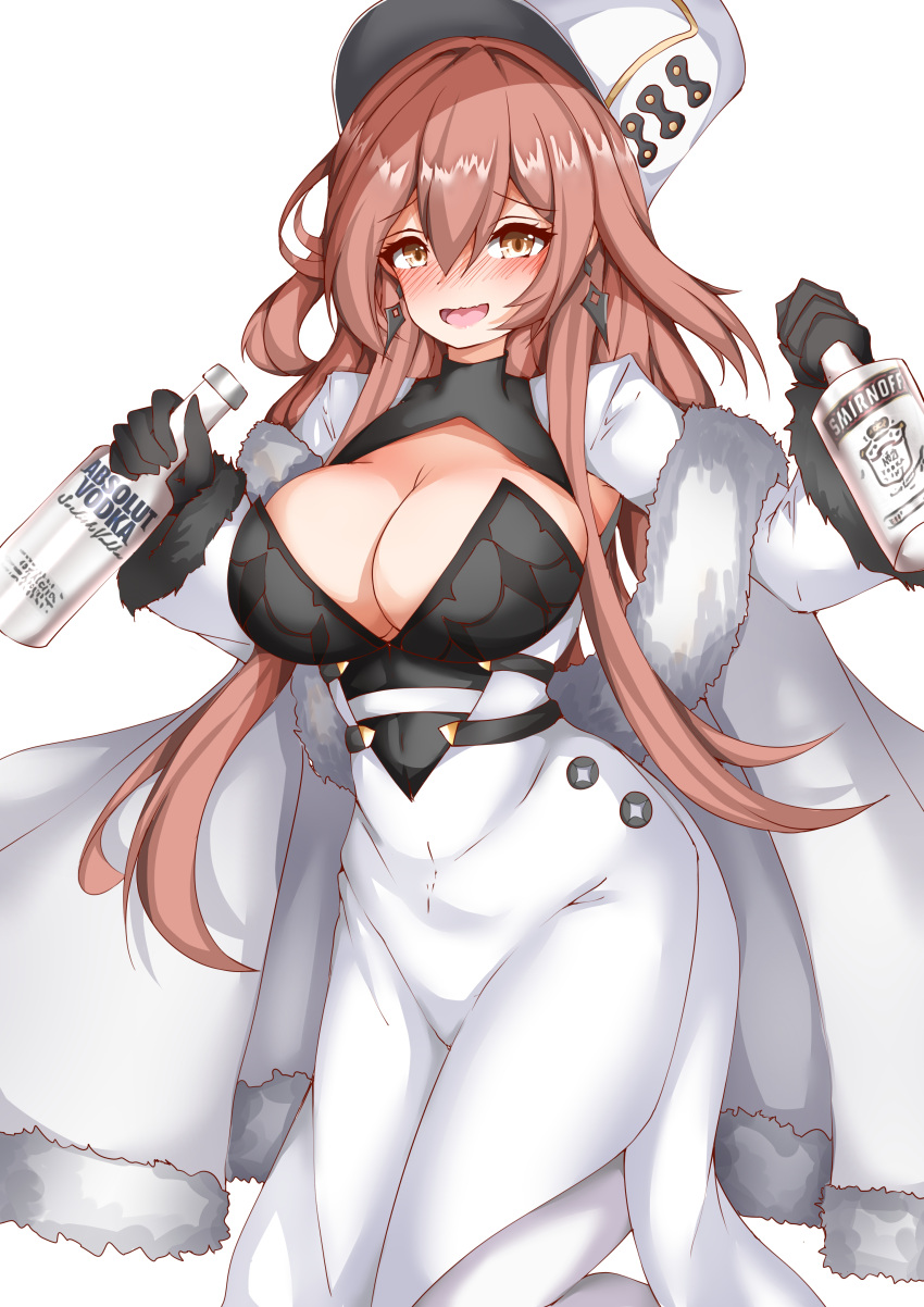 1girl absolut_vodka absurdres alcohol azur_lane black_gloves blush bottle breasts cleavage coat coat_dress drunk eiico framed_breasts gloves highres holding holding_bottle large_breasts long_hair looking_at_viewer orange_hair product_placement simple_background smirnoff_(vodka) solo standing vodka volga_(azur_lane) white_background white_coat