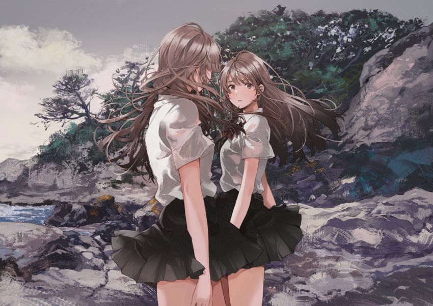 2girls bangs black_skirt blush brown_eyes brown_hair cloud cloudy_sky collared_shirt expressionless fly_(marguerite) highres long_hair looking_at_another multiple_girls original outdoors parted_lips pleated_skirt rock school_uniform shirt short_sleeves skirt sky standing tree white_shirt