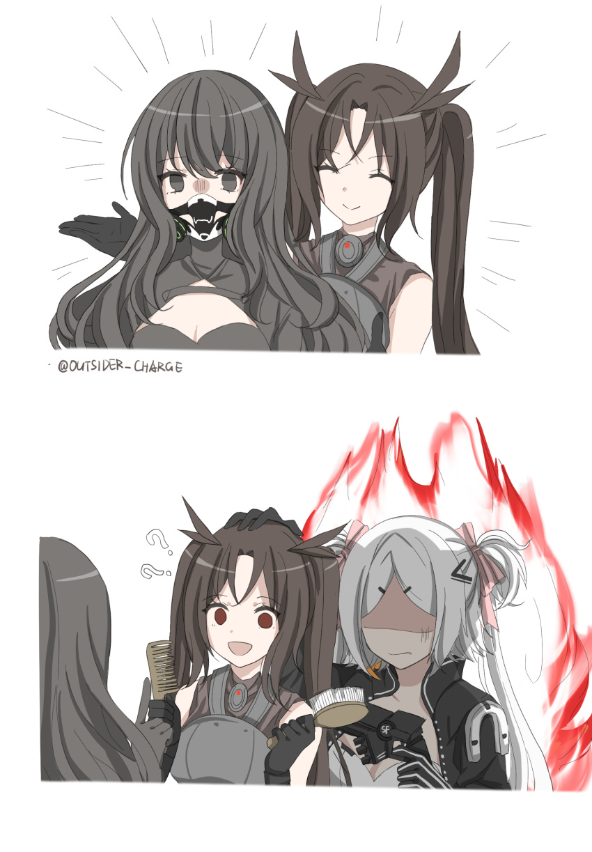 3girls ? ?? alternate_hairstyle angry armor aura black_eyes black_gloves black_hair black_jacket breasts brown_hair cleavage cleavage_cutout closed_eyes clothing_cutout executioner_(girls'_frontline) girls'_frontline gloves gun hair_brush hair_ribbon hand_on_another's_head highres holding holding_gun holding_weapon hunter_(girls'_frontline) jacket long_hair multiple_girls no_eyes red_eyes respirator ribbon scarecrow_(girls'_frontline) shaded_face shadow71580825 simple_background twintails weapon white_hair