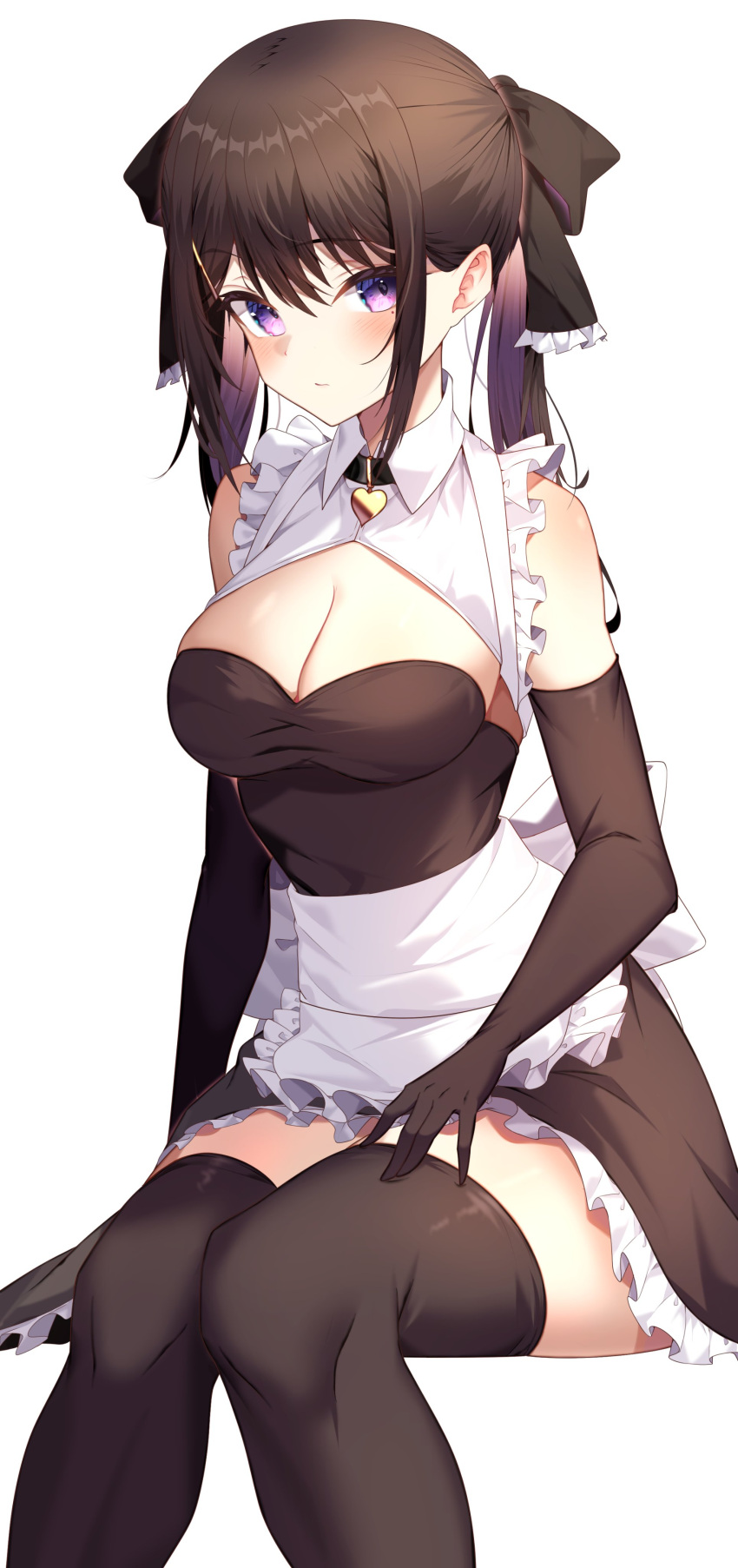 1girl absurdres apron bangs black_bow black_gloves black_legwear blush bow breasts brown_hair character_request cleavage copyright_request elbow_gloves frilled_apron frills gloves hair_bow highres jun_(aousa0328) large_breasts long_hair looking_at_viewer purple_eyes sitting solo thighhighs white_background