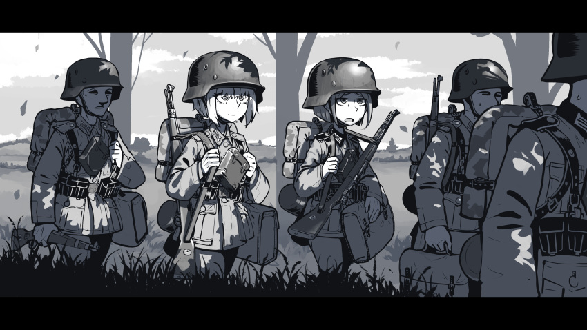 2girls 3boys absurdres backpack bag bolt_action day epaulettes erica_(naze1940) greyscale gun helmet highres holding holding_gun holding_weapon long_sleeves marching military military_helmet military_uniform monochrome multiple_boys multiple_girls original outdoors rifle short_hair soldier stahlhelm sweat tree uniform weapon wehrmacht world_war_ii