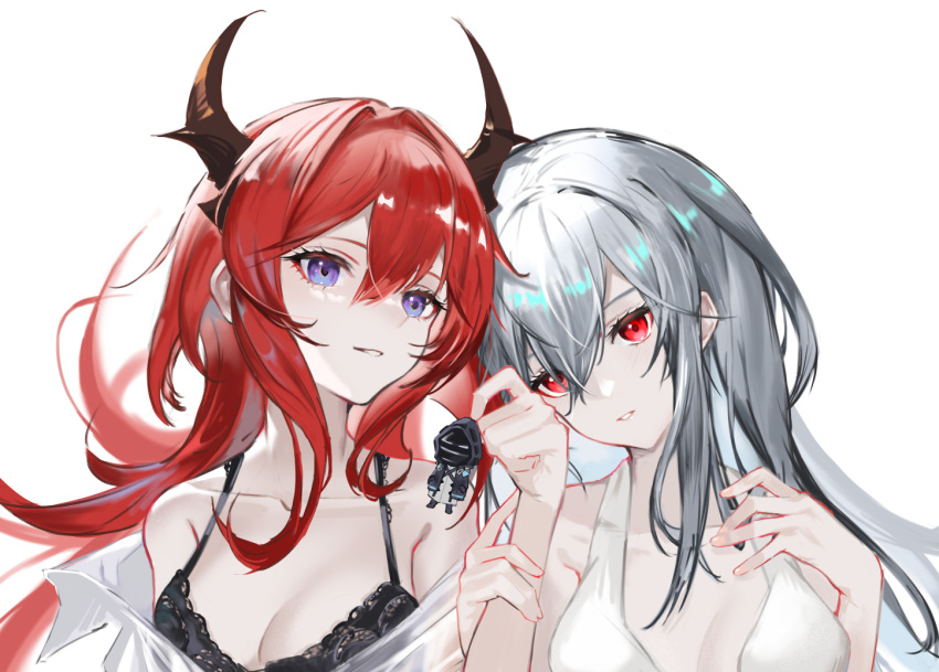 2girls arknights bangs bare_shoulders bikini black_bra bra breasts character_doll cleavage collarbone doctor_(arknights) hair_between_eyes hand_on_own_chest head_tilt holding holding_another's_wrist long_hair looking_at_viewer medium_breasts multiple_girls off_shoulder parted_lips purple_eyes pussy red_eyes red_hair s_4ik4 shirt silver_hair simple_background skadi_(arknights) smile spread_pussy surtr_(arknights) swimsuit underwear upper_body very_long_hair white_background white_bikini white_shirt