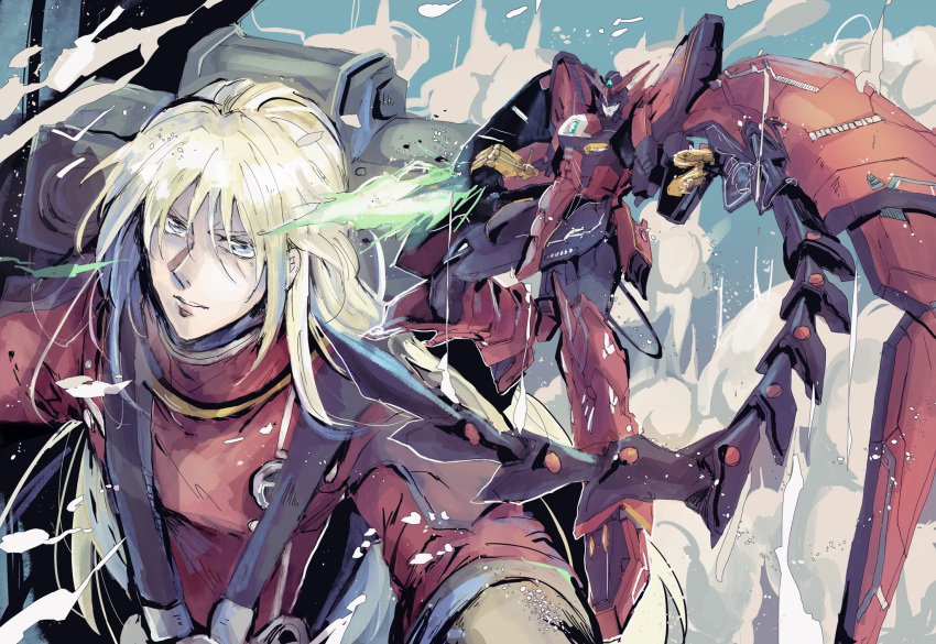 1boy bangs beam_saber blonde_hair blue_eyes commentary dust_cloud energy_sword energy_weapon green_eyes gundam gundam_epyon gundam_wing highres holding holding_sword holding_weapon kare_(0621utak) long_hair male_focus mecha mechanical_wings mobile_suit pilot_suit science_fiction sword v-fin weapon wings zechs_merquise