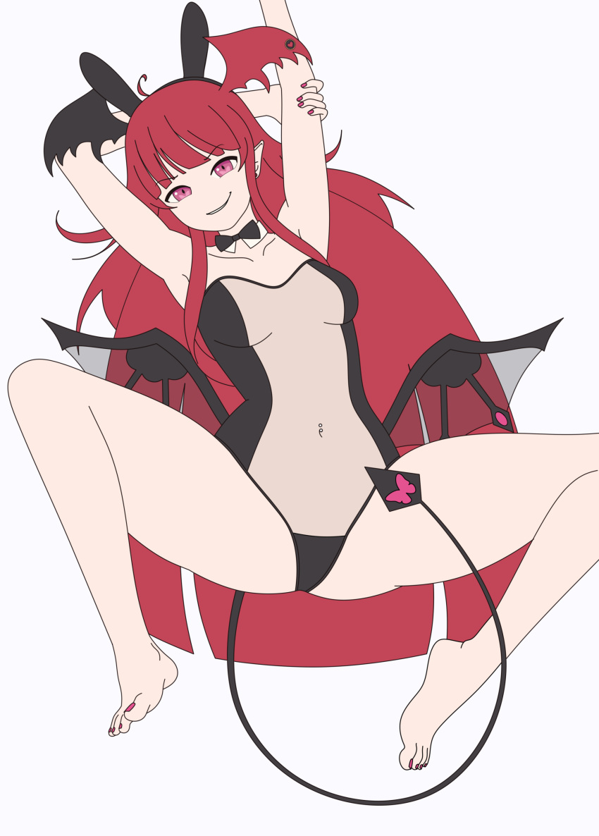 absurdres ass barefoot belly demon_girl gris_swimsuit highres horns long_hair luto_araka meme_attire nail_polish navel_piercing noality piercing playboy_bunny pointy_ears red_eyes red_hair seductive_smile smile smirk spread_legs tail thighs virtual_youtuber wings