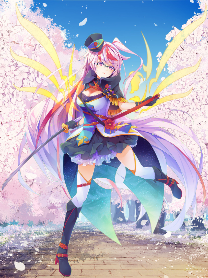 1girl breasts chain_paradox cherry_blossoms cleavage day dennryuurai glasses gradient_hair hat highres holding holding_sword holding_weapon long_hair looking_at_viewer medium_breasts multicolored_hair one_side_up outdoors over-rim_eyewear pink_hair purple_hair red_hair semi-rimless_eyewear solo streaked_hair sword thighhighs very_long_hair weapon wings