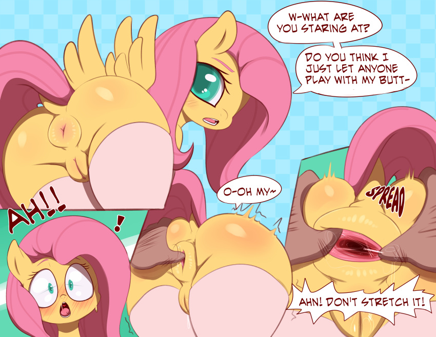 absurd_res anus big_butt butt clothing english_text equid equine female feral fluttershy_(mlp) friendship_is_magic genitals hair hasbro hi_res legwear mammal my_little_pony pegasus pink_hair pussy saurian_(artist) spread_anus spreading text thigh_highs wings yellow_body