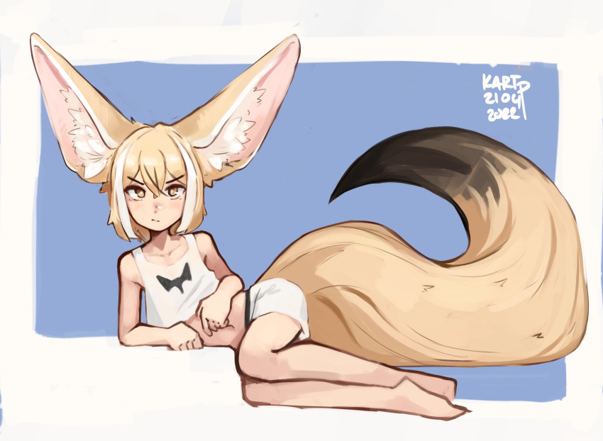 1girl :/ absurdres animal_ear_fluff animal_ears arm_support artist_name bangs barefoot blonde_hair blue_background blush bob_cut border bright_pupils closed_mouth collarbone commentary crop_top crossed_bangs dated english_commentary eyebrows_visible_through_hair flat_chest fox_ears fox_girl fox_tail full_body hair_between_eyes highres kart_prowler large_ears large_tail legs_together light_blush looking_at_viewer lying midriff multicolored_hair navel on_side original shiny shiny_hair shirt short_shorts shorts sidelocks signature simple_background sketch sleeveless sleeveless_shirt solo streaked_hair tail two-tone_hair v-shaped_eyebrows white_border white_hair white_pupils white_shirt white_shorts yellow_eyes