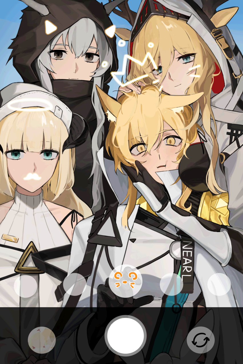 4girls absurdres animal_ears arknights blonde_hair deer_antlers deer_ears deer_girl demon_girl demon_horns face_grab fake_facial_hair fake_mustache filtered group_picture head_rub highres hood horns horse_ears horse_girl multiple_girls nearl_(arknights) nearl_the_radiant_knight_(arknights) nightingale_(arknights) shining_(arknights) vivienne_(arknights) zwa