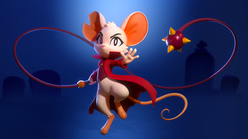 3_toes 3d_(artwork) absurd_res anthro barefoot big_ears blue_background bottomless chipped_ear clothed clothing coat digital_media_(artwork) feet female fur hi_res holding_object holding_weapon lemurfeature looking_at_viewer mammal mina_(mina_the_hollower) mina_the_hollower mouse murid murine notched_ear red_clothing rodent simple_background solo toes tombstone topwear weapon whip white_body white_fur yacht_club_games