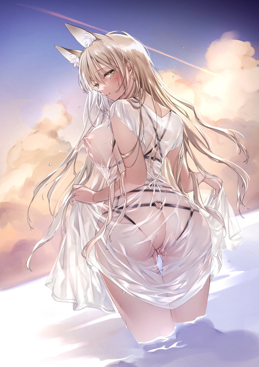 1girl animal_ear_fluff animal_ears anus ass bangs blonde_hair breasts commentary_request covered_nipples cowboy_shot dress fox_ears from_behind highres huge_breasts lips long_hair looking_at_viewer looking_back messy_hair nipples original parted_lips partially_submerged pussy see-through_dress shallow_water shizu-chan solo standing thigh_gap thighs water wet wet_clothes wet_dress wet_hair yellow_eyes yukibuster_z