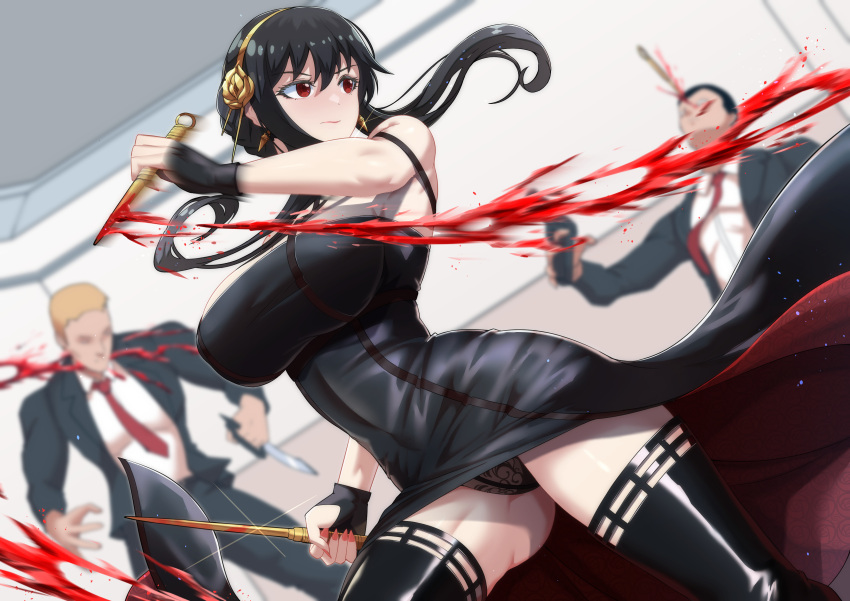 1girl 2boys absurdres bangs bare_shoulders black_dress black_hair black_legwear blood breasts dagger dress earrings gold_earrings gold_hairband highres holding holding_dagger holding_weapon jewelry knife large_breasts long_hair multiple_boys red_eyes rose_hair_ornament sidelocks spy_x_family thighhighs thighs torahime_(roland00) weapon yor_briar