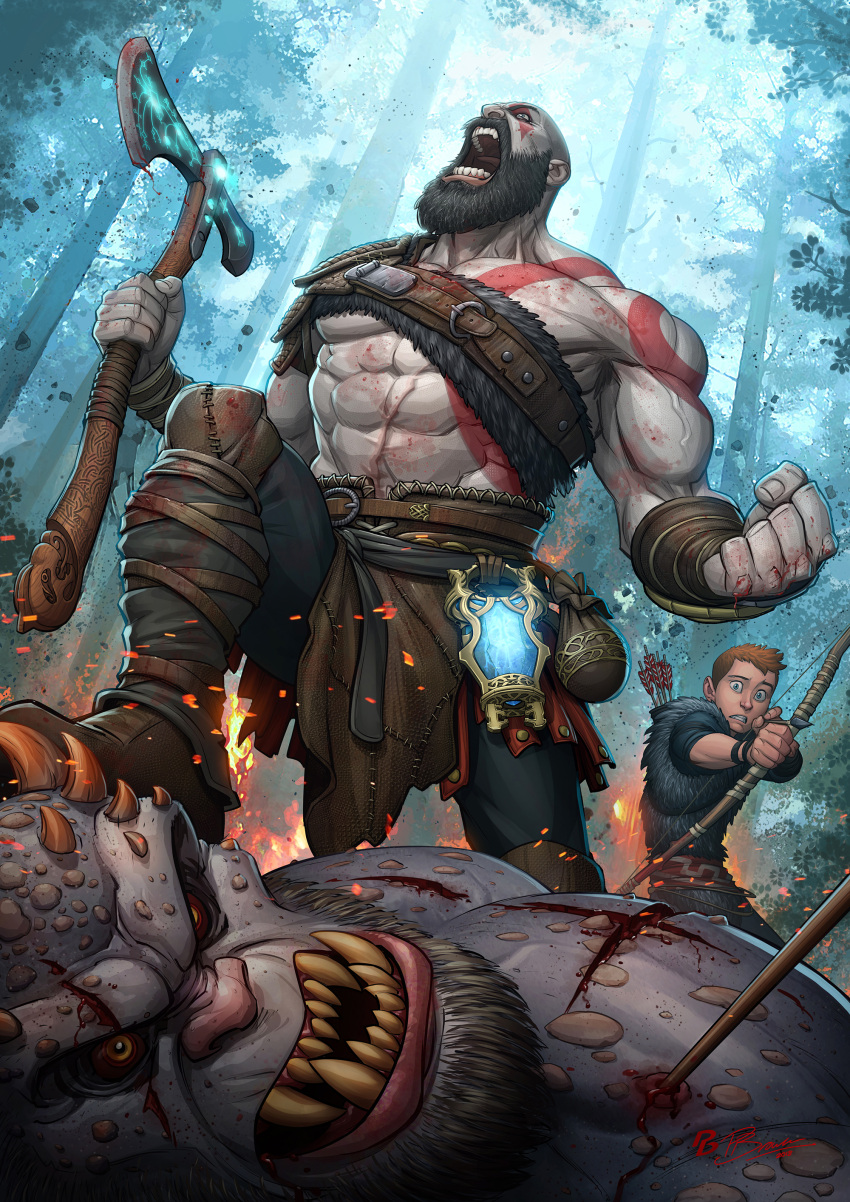 2boys absurdres atreus axe god_of_war highres kratos monster multiple_boys patrick_brown